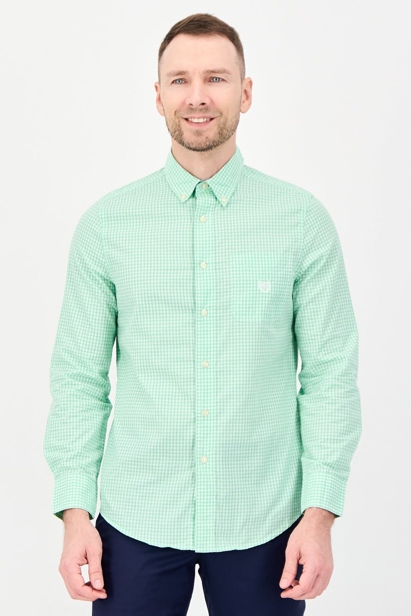Chaps Men Regular Fit Long Sleeve Embroidered Casual Shirt, Green - Image 1